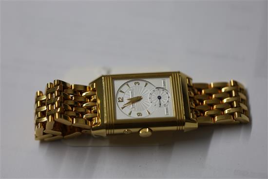 A good gentlemans modern 18ct gold Jaeger LeCoultre Grande Taille Reverso Night and Day manual wind wrist watch,